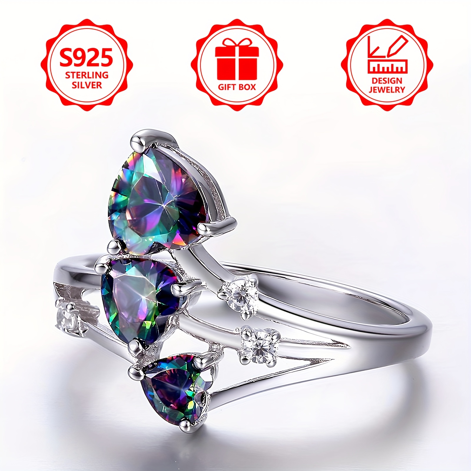 S925 Silver Love Rainbow Zirconia Ring Hypoallergenic Women's Jewelry